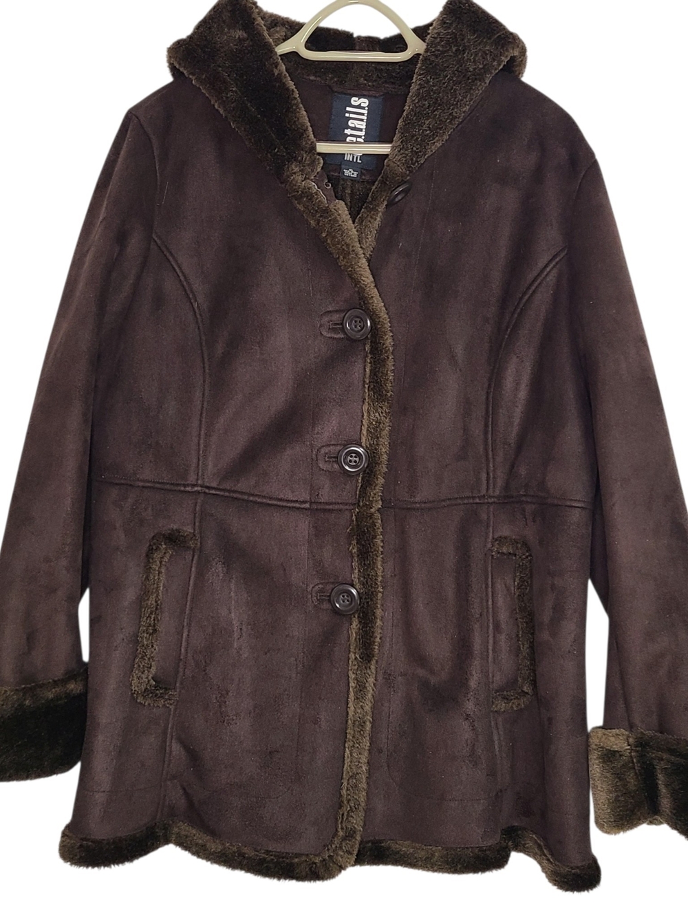 D.E.T.A.I.L.S. Brown Faux Suede Shearling Hooded Coat Jacket XL
